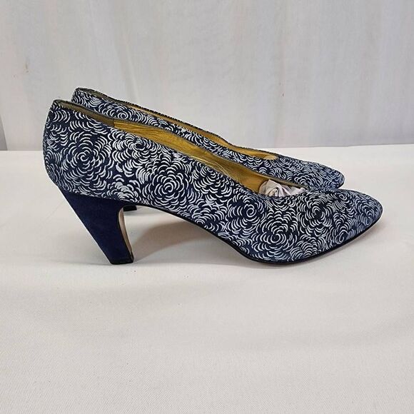 Vintage Ellen Tracy Floral Suade Blue Block Heels Pointed Ties Size 10 - Picture 3 of 9
